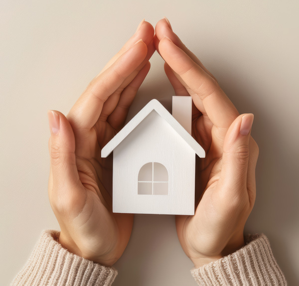 hands around small wooden house shaped block